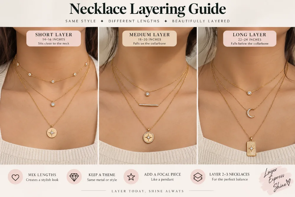 Three necklaces layered at short, medium and long lengths