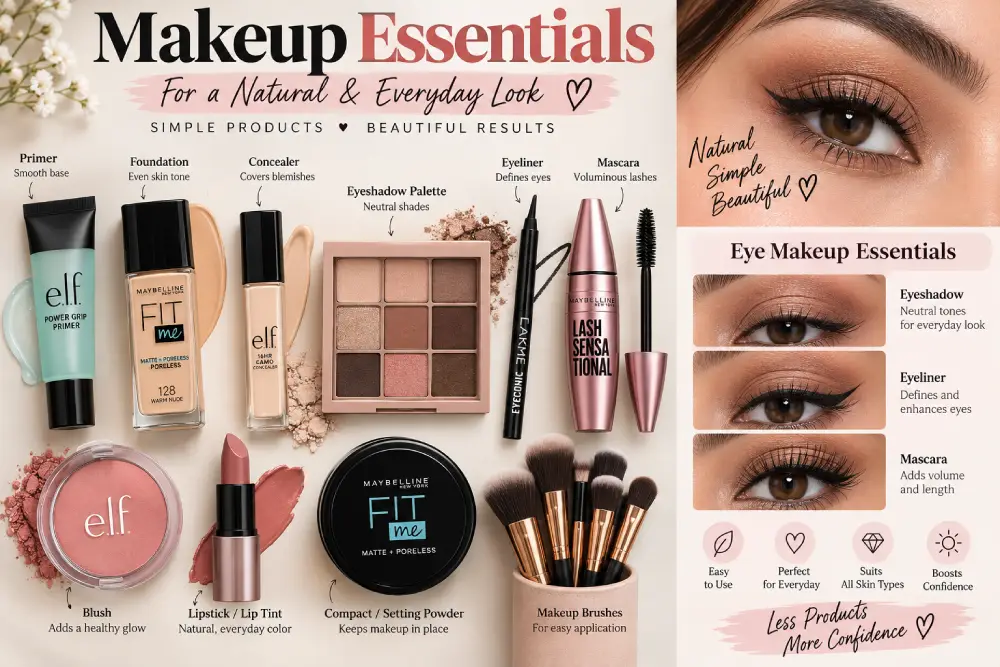 Neutral eyeshadow, eyeliner, and mascara grouped as eye makeup essentials