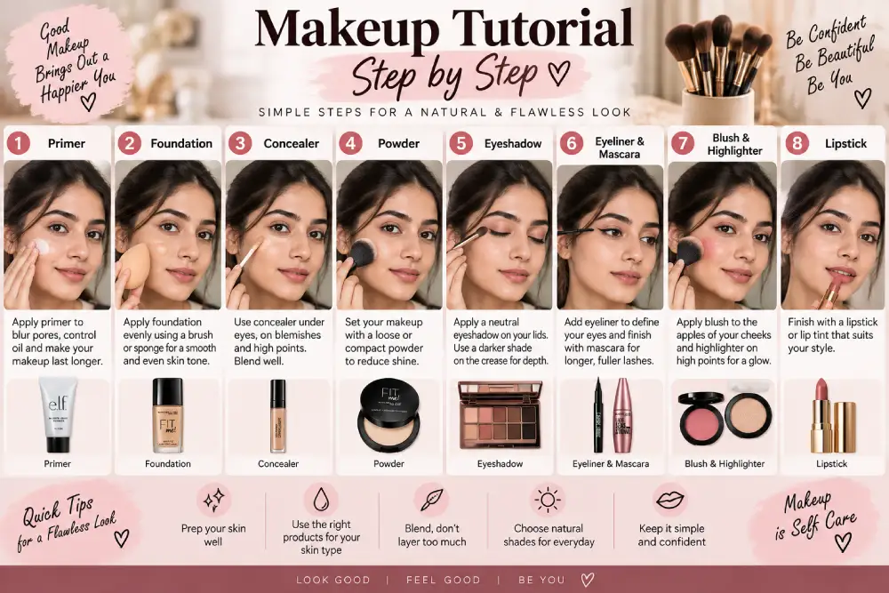 Makeup tutorial steps for applying primer, foundation, concealer, and powder