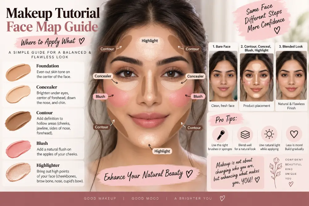 Face map showing contour, blush, and highlighter placement in a makeup tutorial
