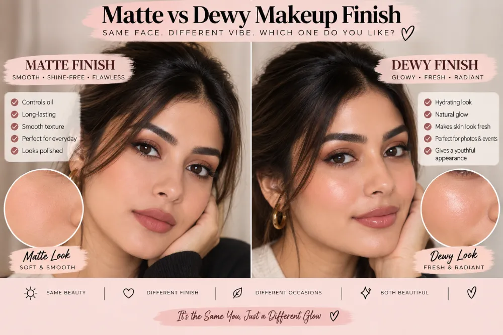Comparison of matte and dewy makeup finish on the same face