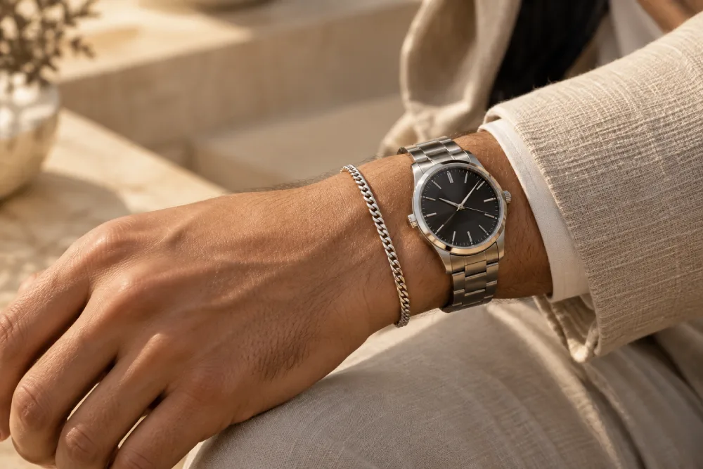 A slim bracelet worn on the same wrist as a watch