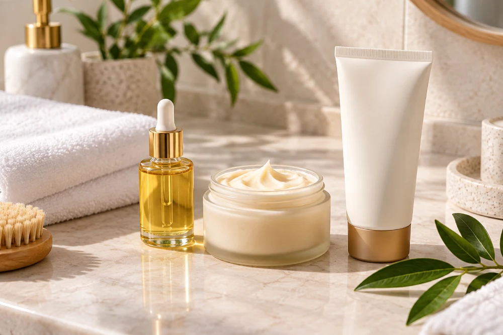 Applying body lotion to damp skin to lock in hydration