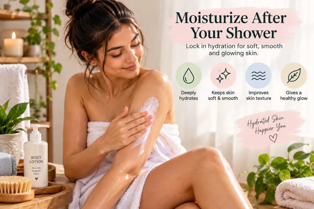 Applying body lotion to damp skin for a radiant glow