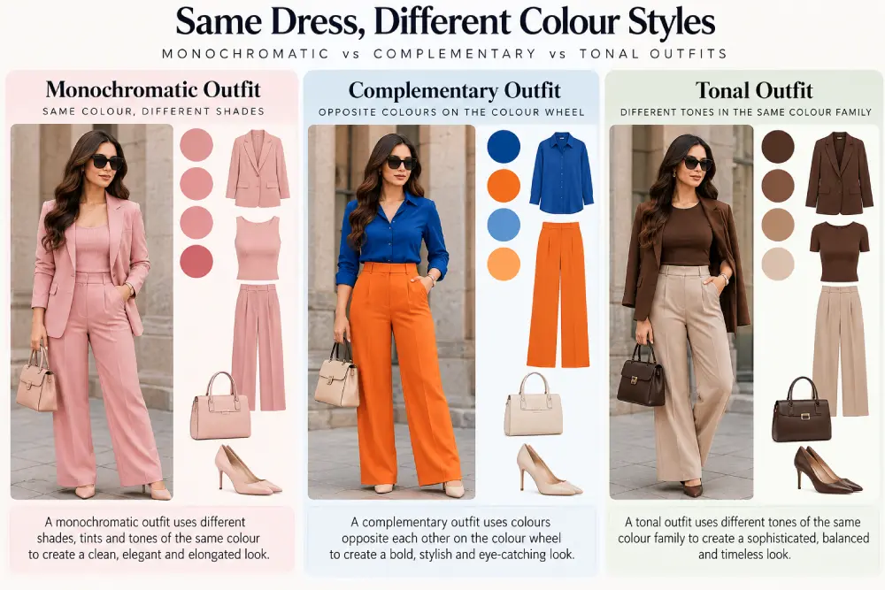 Comparison of monochromatic, complementary and tonal dress outfits