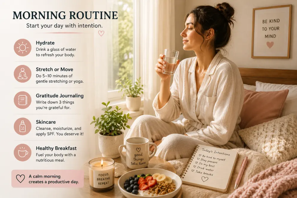 Woman drinking water as part of her morning self care routine