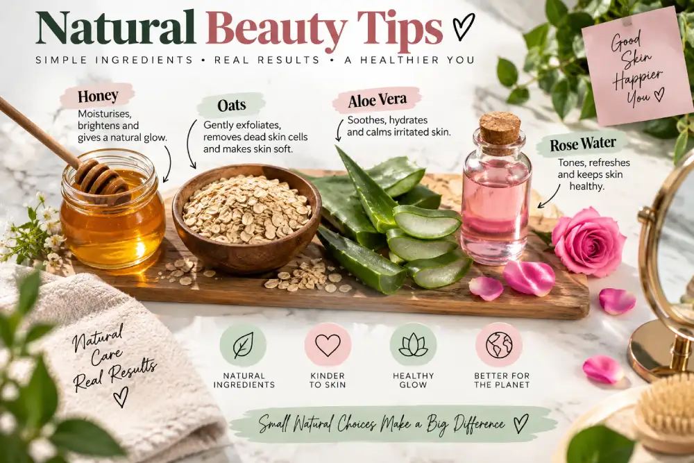 Honey, oats, aloe vera, and rose water used in natural beauty tips
