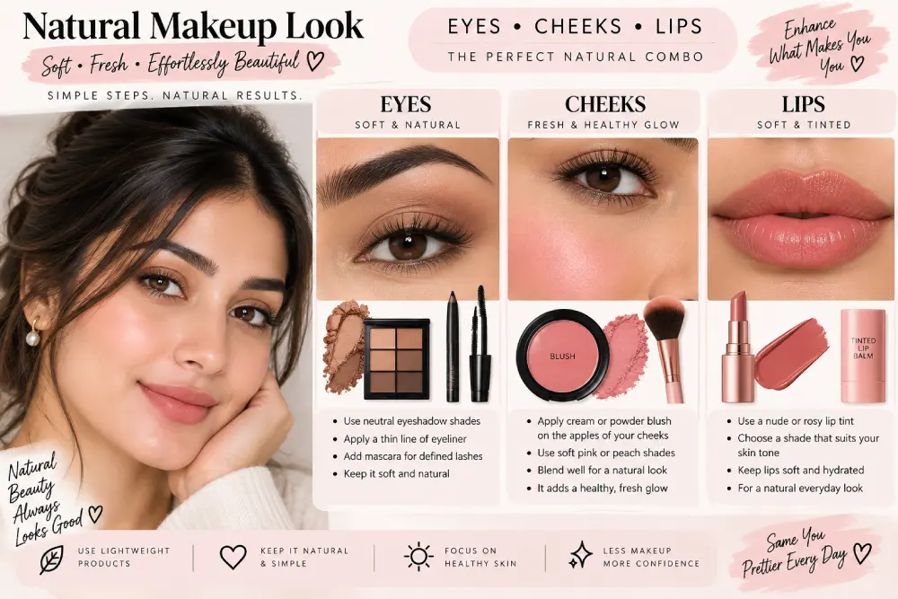 Neutral eyeshadow, cream blush, and tinted lip balm used for a natural makeup look