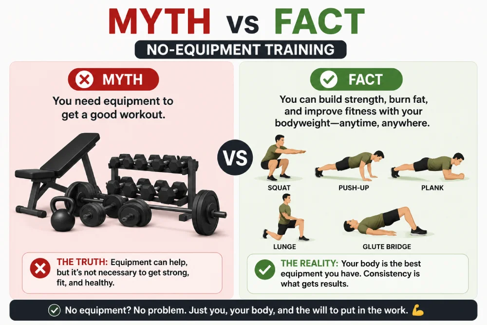 myth vs fact comparison graphic for no-equipment bodyweight training