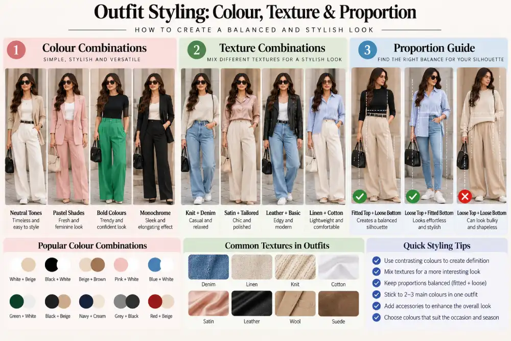 Outfit proportion balance diagram for loose and fitted silhouettes