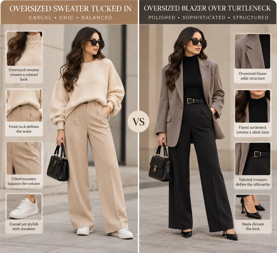 Oversized sweater and blazer styled with fitted layers for balance