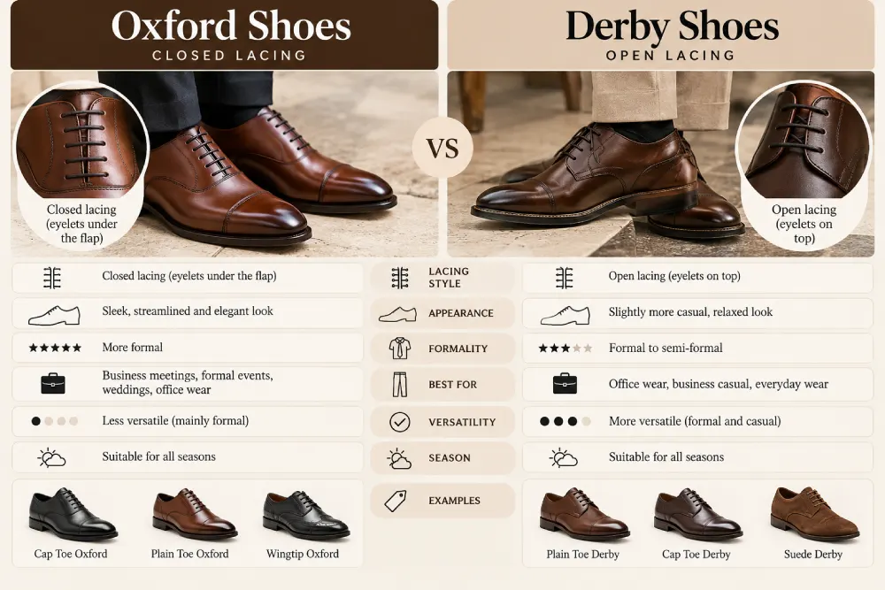 Comparison of Oxford closed lacing and Derby open lacing shoe construction