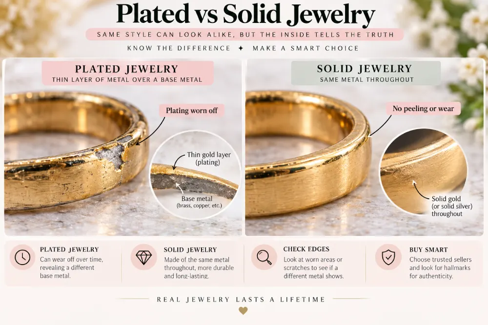 Comparison of a plated jewelry edge showing base metal versus an evenly toned solid piece
