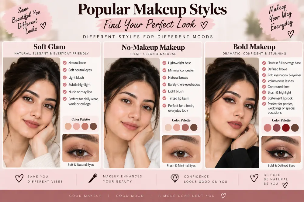 comparison of soft glam, no-makeup, and bold makeup styles