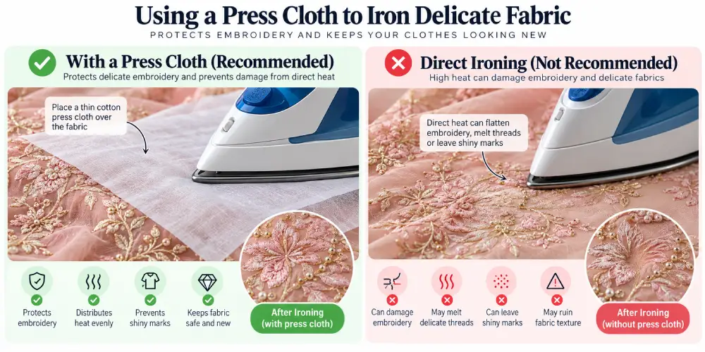 Using a press cloth to iron a delicate embroidered fabric safely