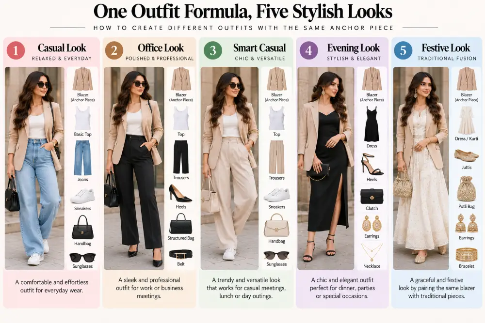 One outfit formula styled into five repeatable outfit combinations