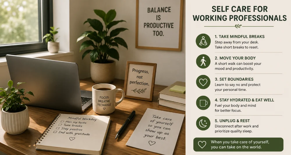 Self care for working professionals taking a mindful office break