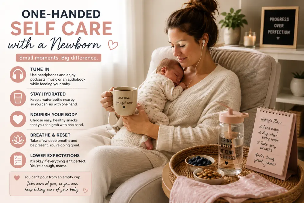 One-handed self care with a newborn during a feed