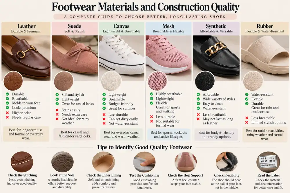 Comparison of common shoe materials including leather, suede, canvas and mesh