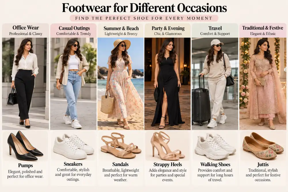 nfographic matching shoe types to Indian wardrobe occasions like office wear, weddings and travel