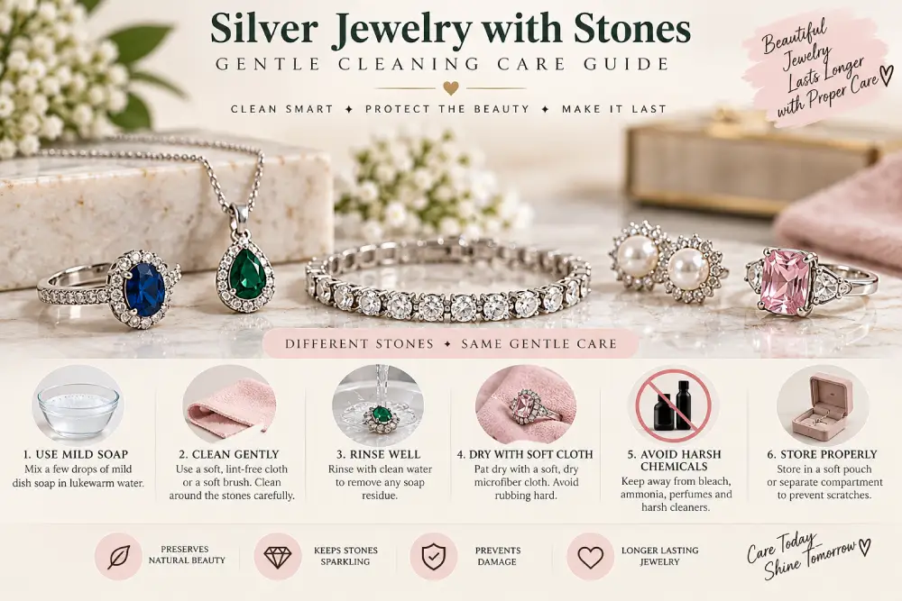 Silver jewelry set with gemstones that needs gentler cleaning care