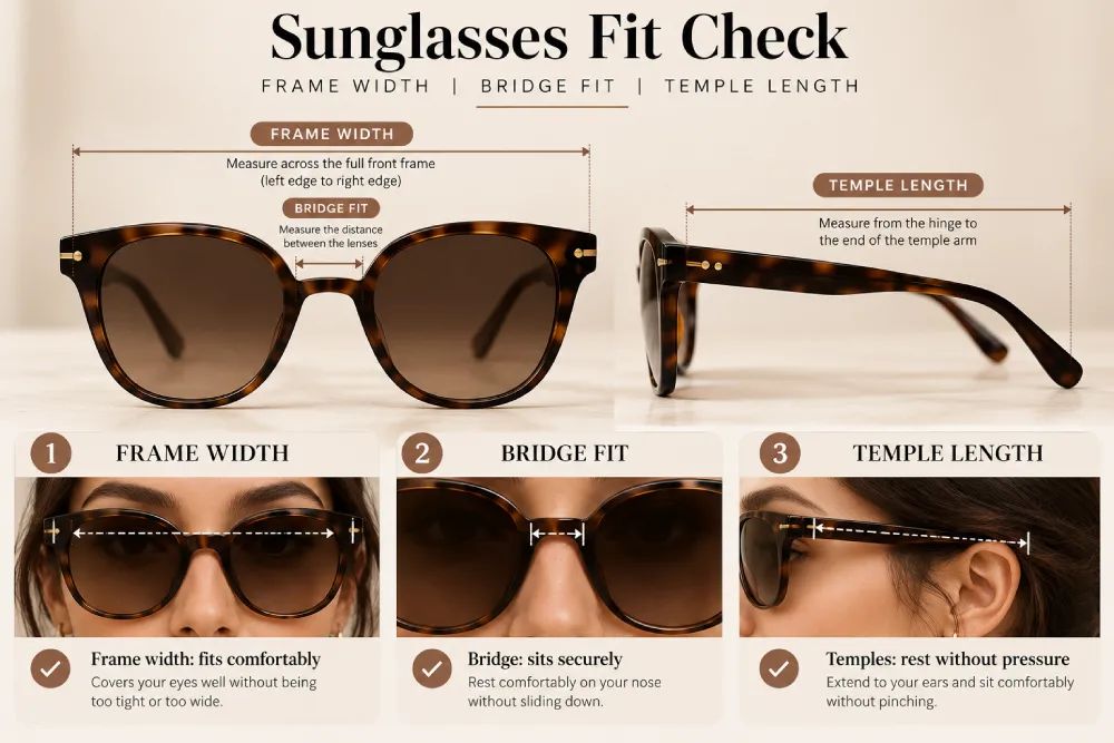 Diagram showing how to check sunglasses frame width, bridge fit and temple length