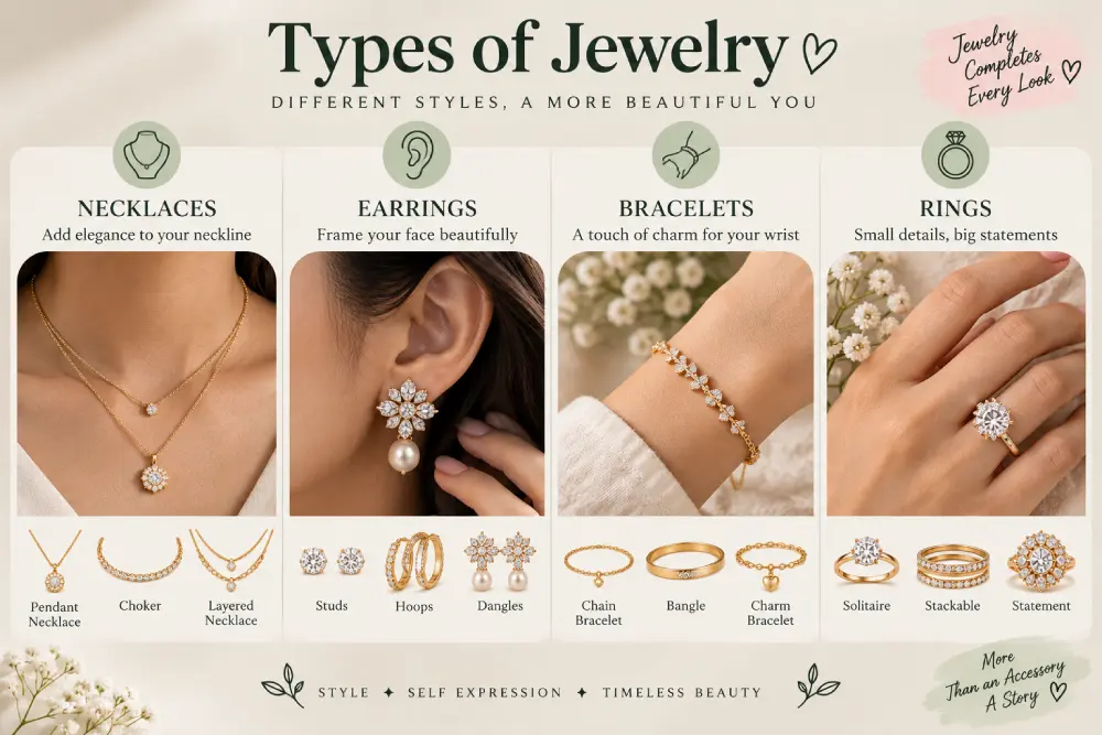 Diagram showing four main jewelry categories: neck, ears, hands and wrists, feet and body