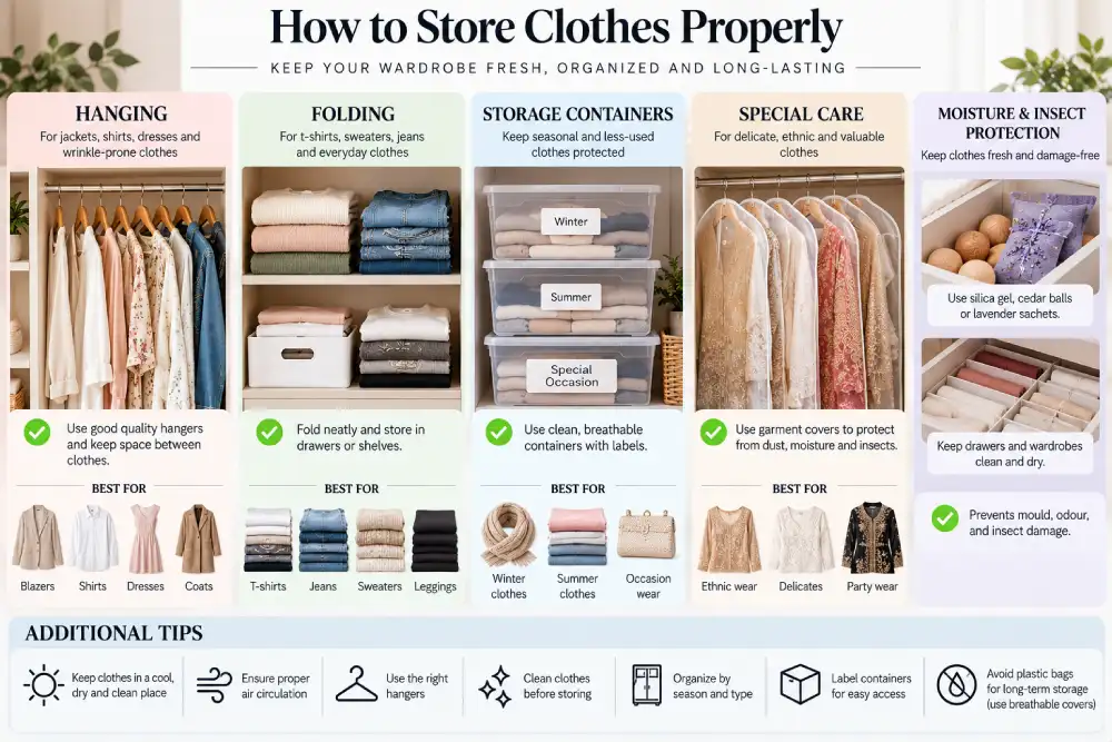Organizing a wardrobe with hanging and folding zones and moisture protection