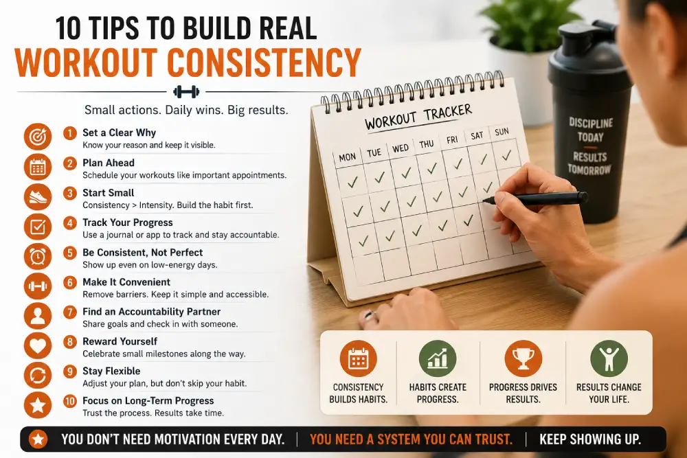 Person tracking workout consistency using a simple calendar checklist