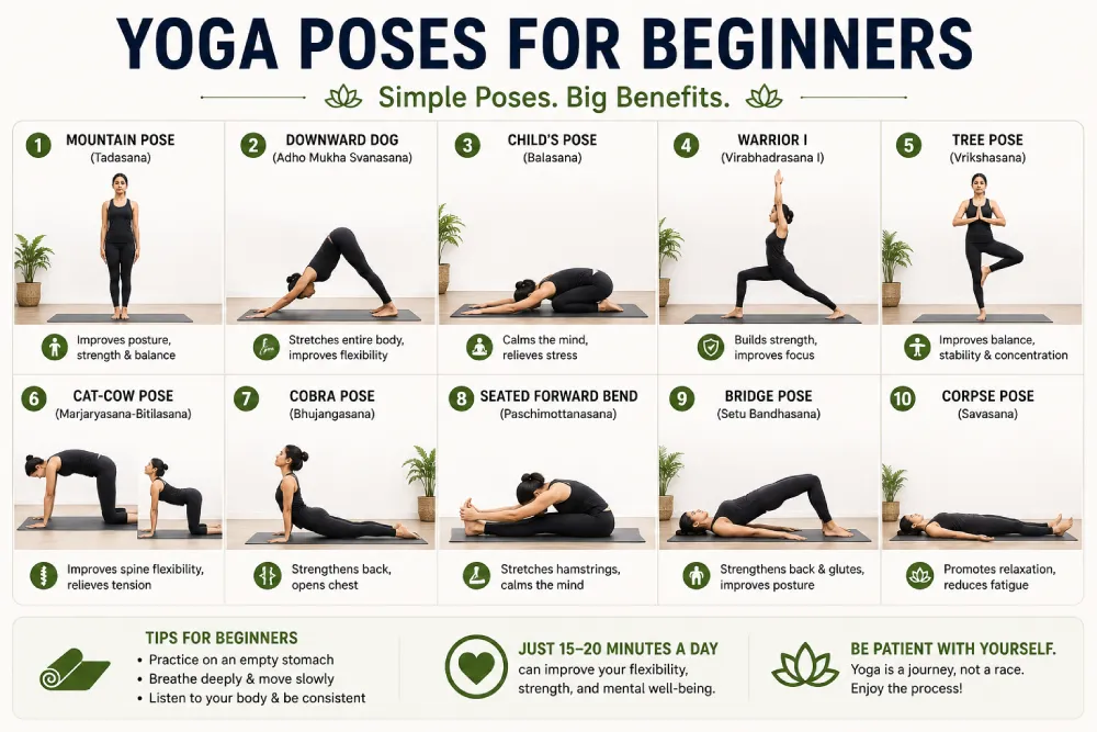 Grid of yoga poses for beginners including child's pose and warrior pose